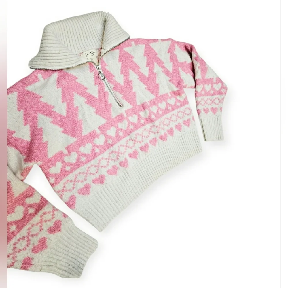 Jessica Simpson Winter Fuzzy Pink Christmas Tree Heart Cropped Half Zip Sweater - Picture 8 of 11